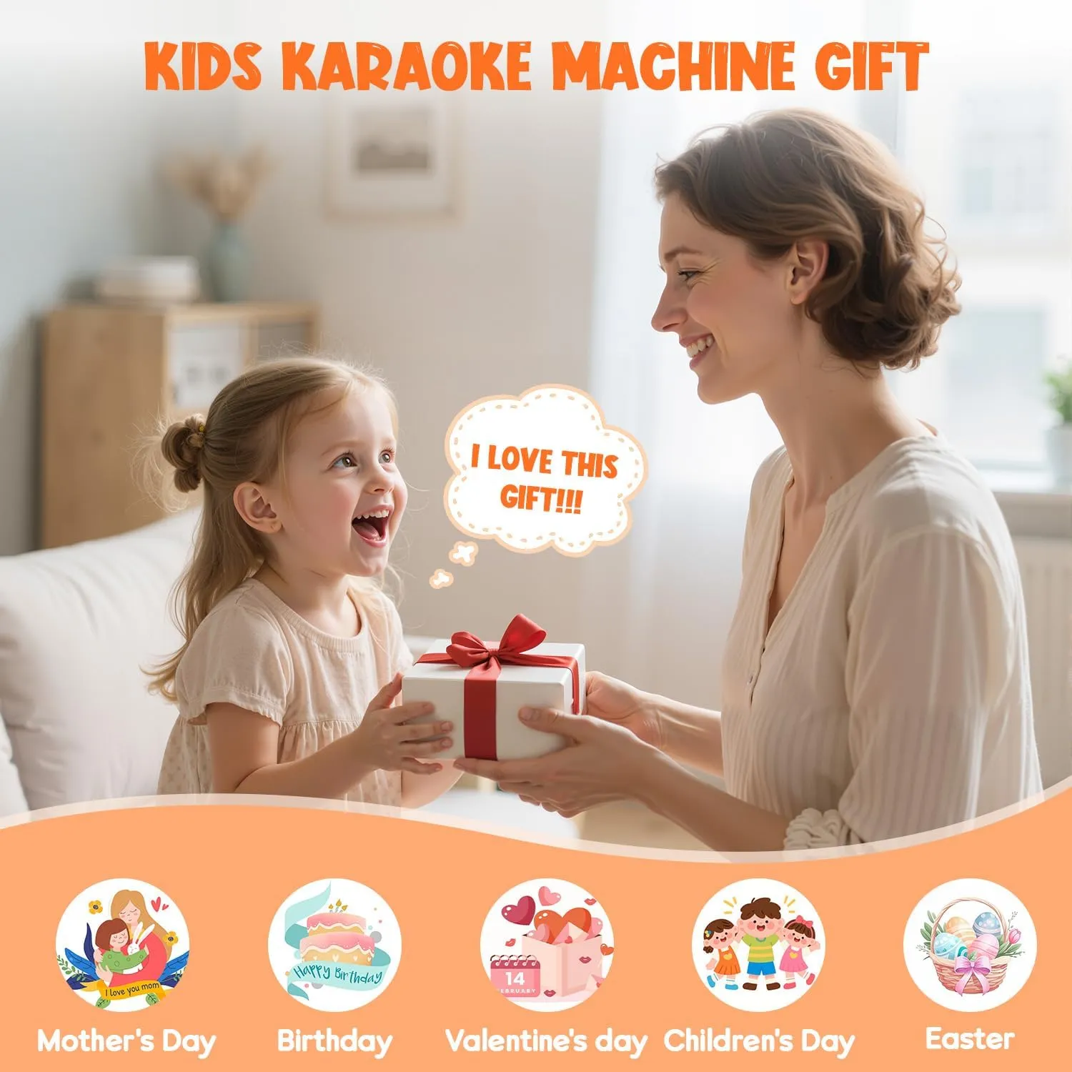 Karaoke Machine for Kids, Kids Toys for 3-12 Years Old Girls Birthday Presents, Portable Bluetooth Karaoke Speaker with 2 Microphones, Girls Gifts for Kid Party Christmas Birthday(Orange)