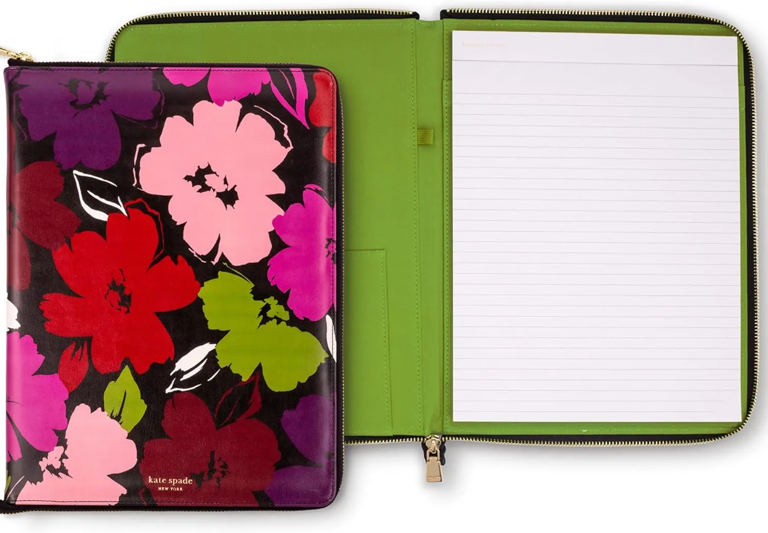 kate spade new york 13.25" x 9.50" Faux Leather Notepad Zip Folio with Interior Pocket, Zipper Close, and Pen Loop (Painterly Blooms)