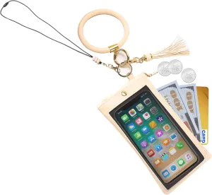 Keychain Credit Card Bracelet Pouch With Transparent Window Tassel Silicone Beads Lanyard For Womens (Off-White)