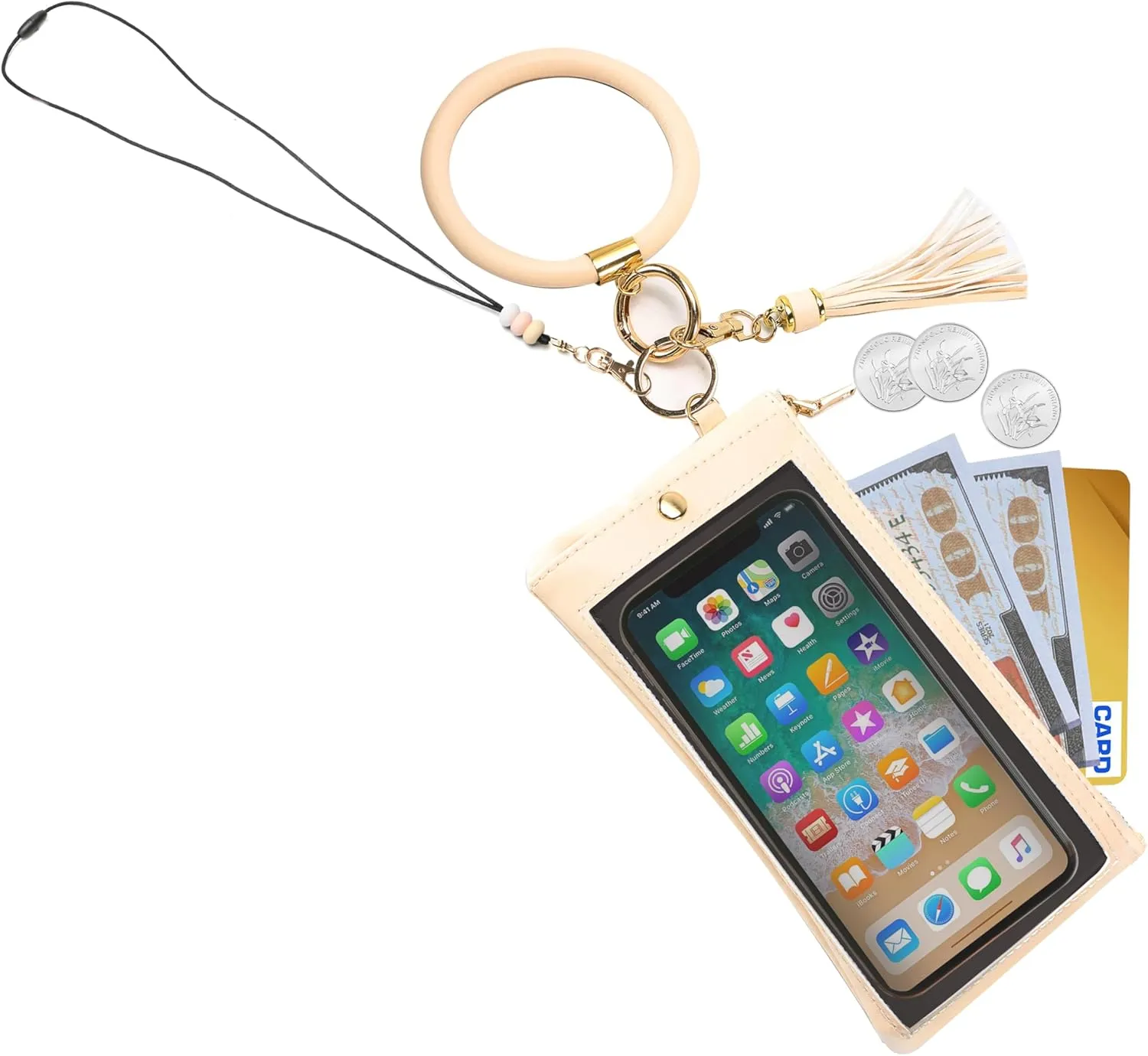 Keychain Credit Card Bracelet Pouch With Transparent Window Tassel Silicone Beads Lanyard For Womens (Off-White)