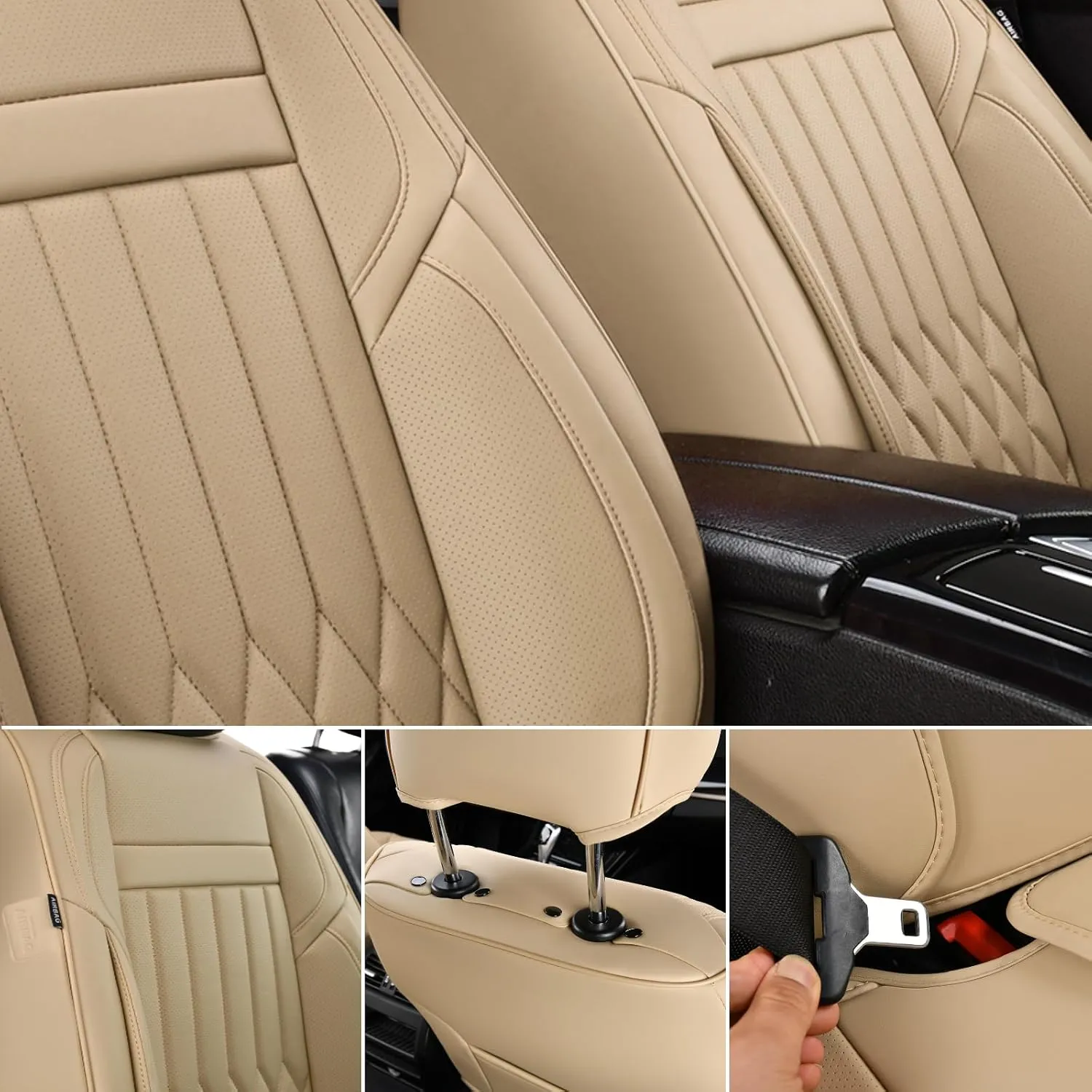 KEYOOG 2-Seater Waterproof and Breathable Nappa Leather Car Seat Covers Full Set, Fit for Front Seats of Cars, Compatible with Airbags, Car Seat Protector Covers for Most Cars - Beige