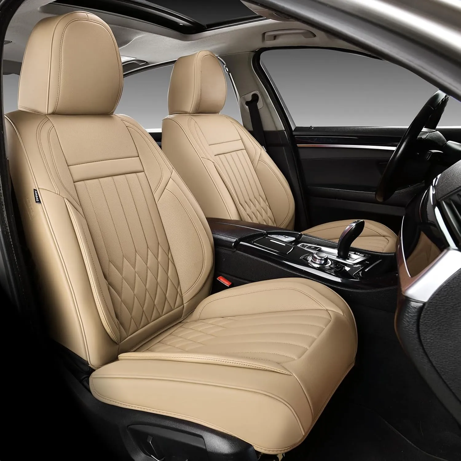 KEYOOG 2-Seater Waterproof and Breathable Nappa Leather Car Seat Covers Full Set, Fit for Front Seats of Cars, Compatible with Airbags, Car Seat Protector Covers for Most Cars - Beige
