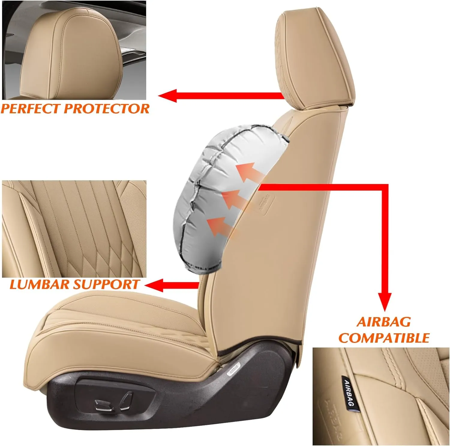 KEYOOG 2-Seater Waterproof and Breathable Nappa Leather Car Seat Covers Full Set, Fit for Front Seats of Cars, Compatible with Airbags, Car Seat Protector Covers for Most Cars - Beige