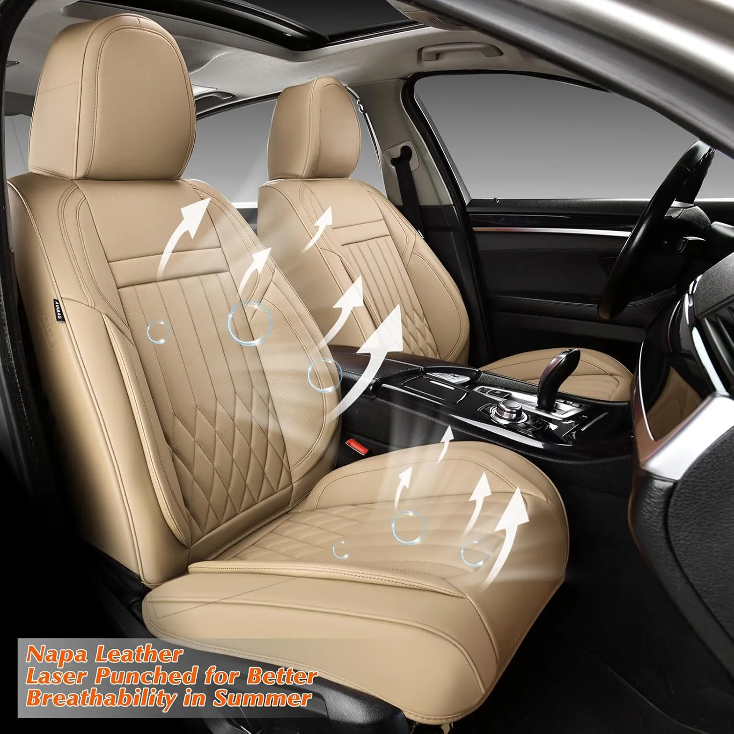 KEYOOG 2-Seater Waterproof and Breathable Nappa Leather Car Seat Covers Full Set, Fit for Front Seats of Cars, Compatible with Airbags, Car Seat Protector Covers for Most Cars - Beige