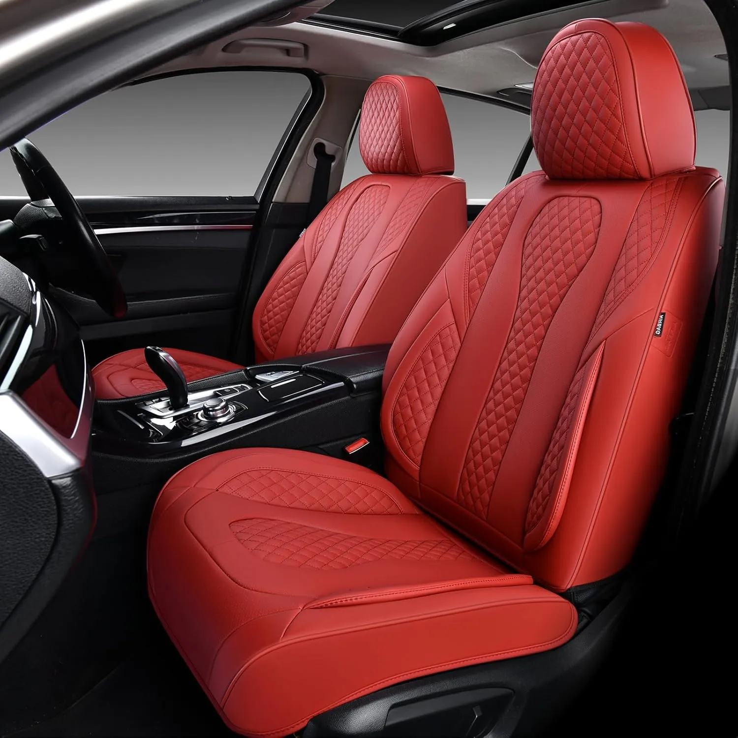 KEYOOG Car Seat Covers Full Set, 2-Seater Waterproof and Breathable Nappa Leather, Fit for Front Seats of Cars, Compatible with Airbags, Car Seat Protector Covers for Most Cars - red