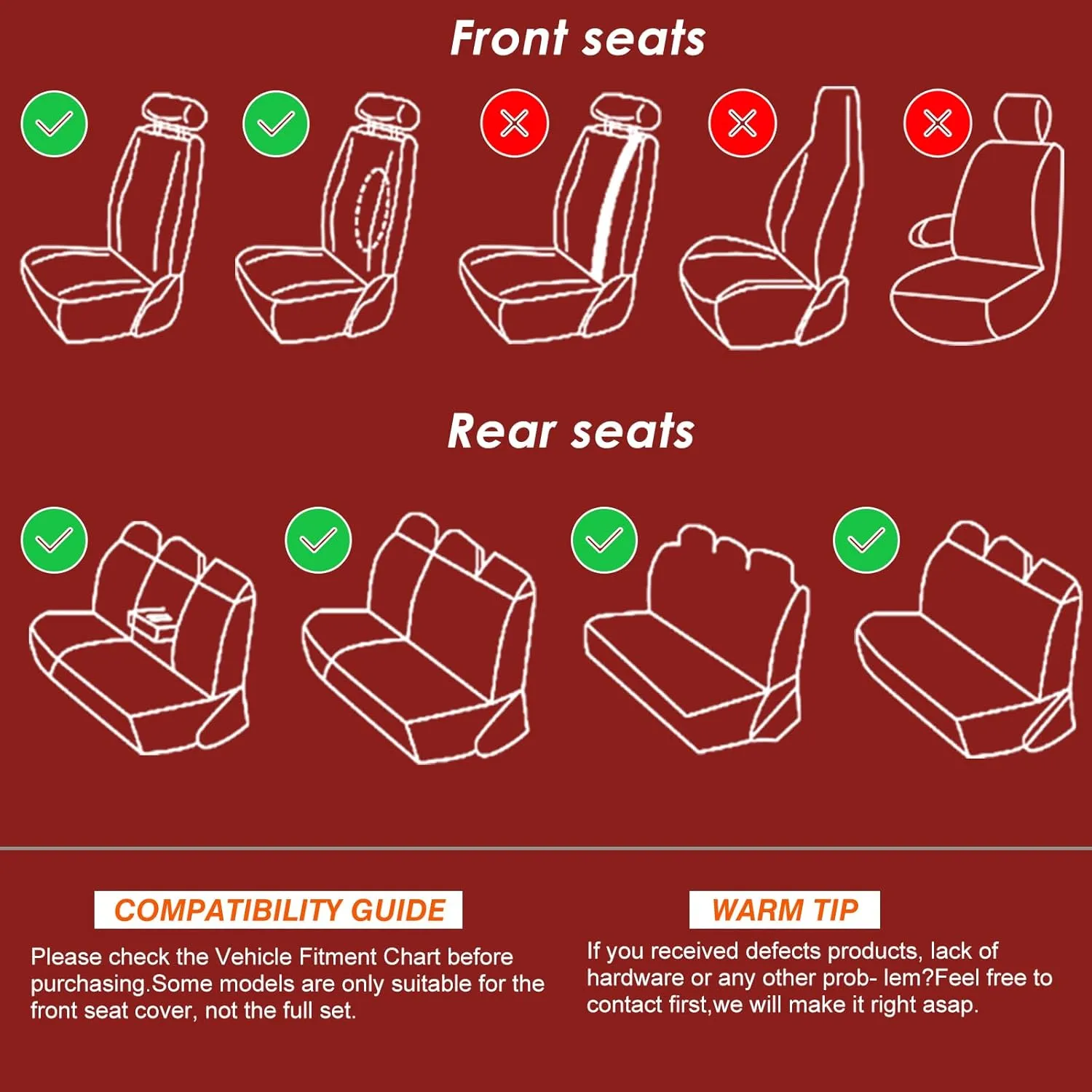 KEYOOG Car Seat Covers Full Set, 2-Seater Waterproof and Breathable Nappa Leather, Fit for Front Seats of Cars, Compatible with Airbags, Car Seat Protector Covers for Most Cars - red