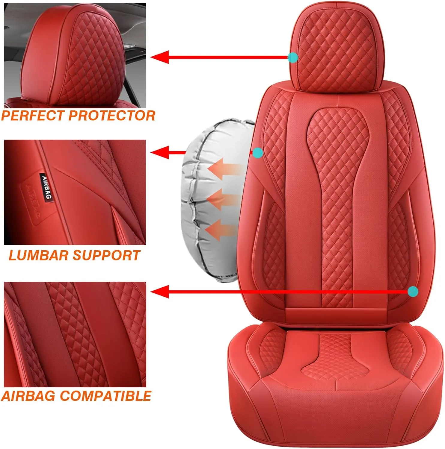KEYOOG Car Seat Covers Full Set, 2-Seater Waterproof and Breathable Nappa Leather, Fit for Front Seats of Cars, Compatible with Airbags, Car Seat Protector Covers for Most Cars - red