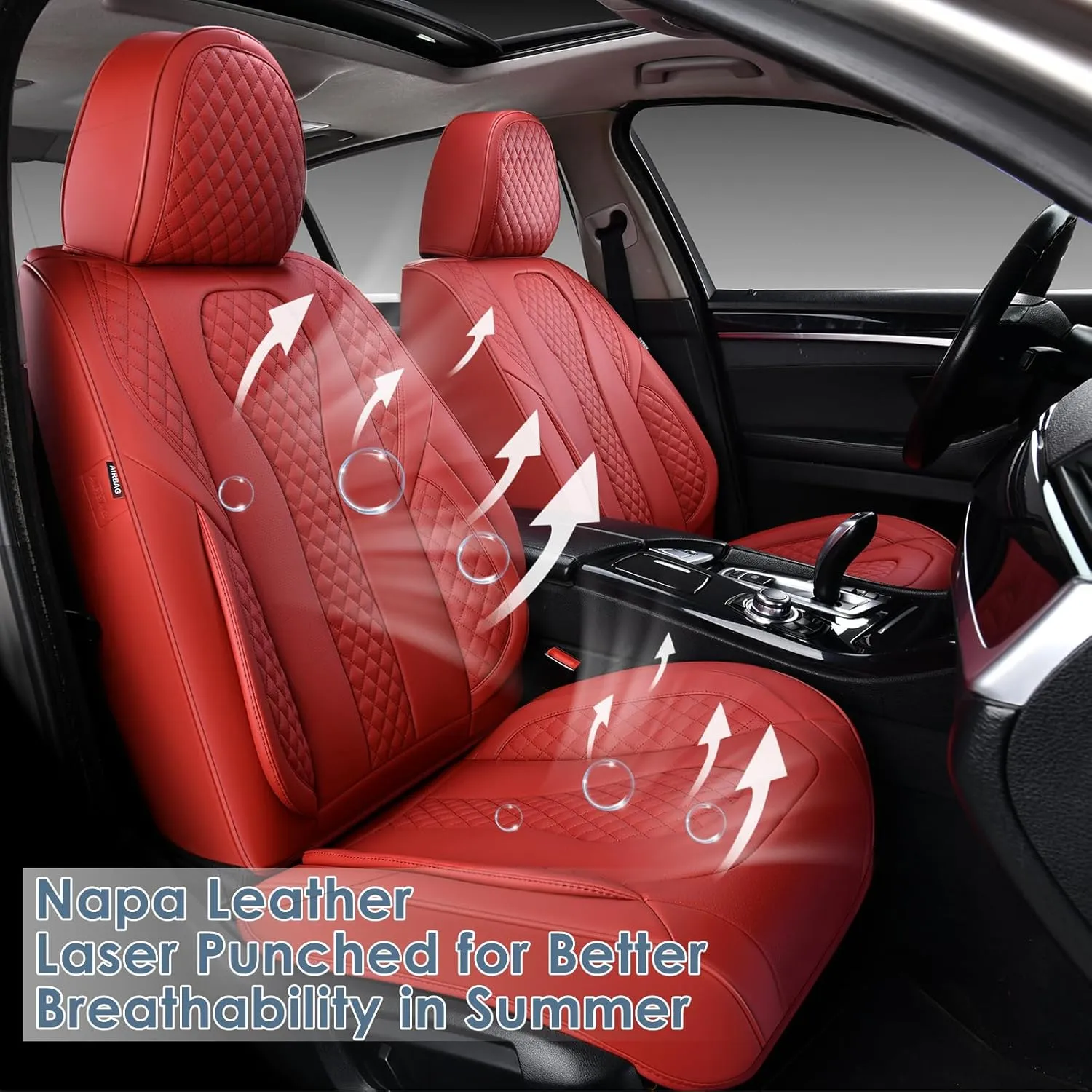 KEYOOG Car Seat Covers Full Set, 2-Seater Waterproof and Breathable Nappa Leather, Fit for Front Seats of Cars, Compatible with Airbags, Car Seat Protector Covers for Most Cars - red