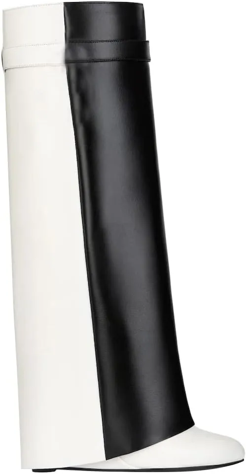Kluolandi Women's Fold Over Knee High Boots with Metal Padlock Covered Wedge Heel Wide Calf Pull On Boots