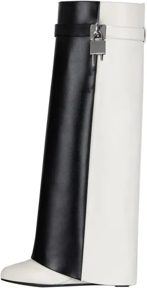 Kluolandi Women's Fold Over Knee High Boots with Metal Padlock Covered Wedge Heel Wide Calf Pull On Boots