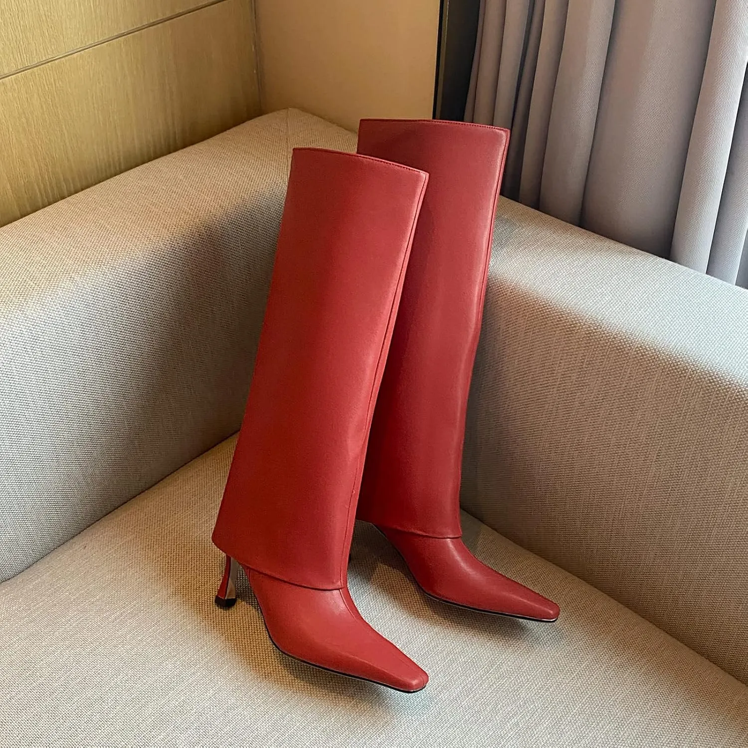 Kluolandi Women's Stiletto High Heel Knee High Boots Pointed Toe Fold Over Boots for Women Knee High Dress Shoes