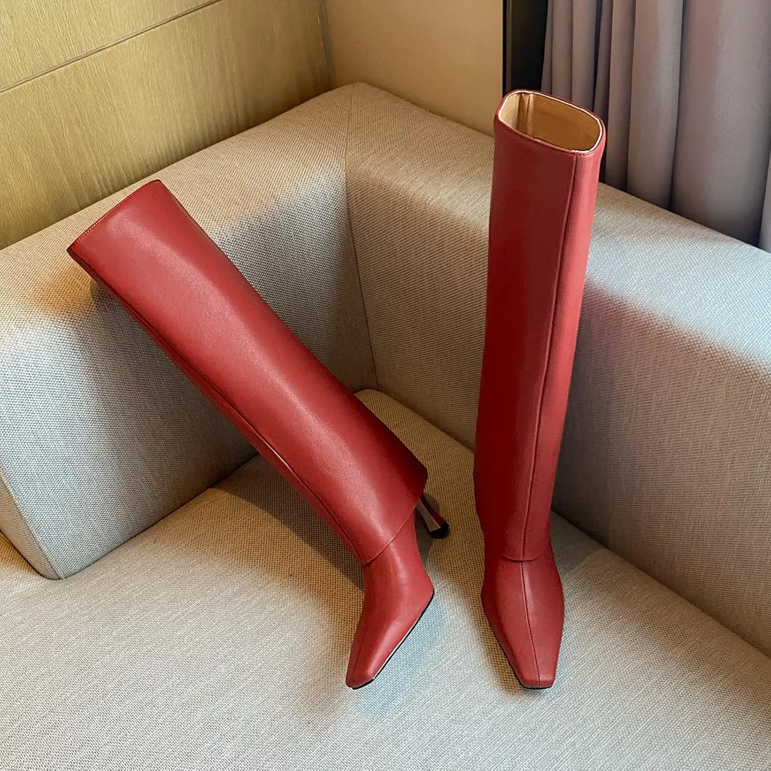 Kluolandi Women's Stiletto High Heel Knee High Boots Pointed Toe Fold Over Boots for Women Knee High Dress Shoes