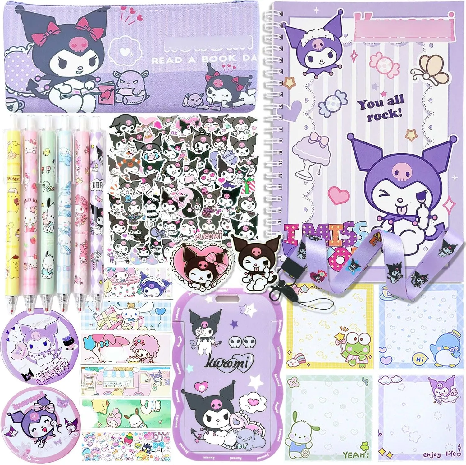 Koiswim Cute School Supplies Kawaii Stationery Gift Set, Including Gel Pens Notebook Pencil Cse Stickers Pins Badge Lanyard Sticky Note Bookmark (K)