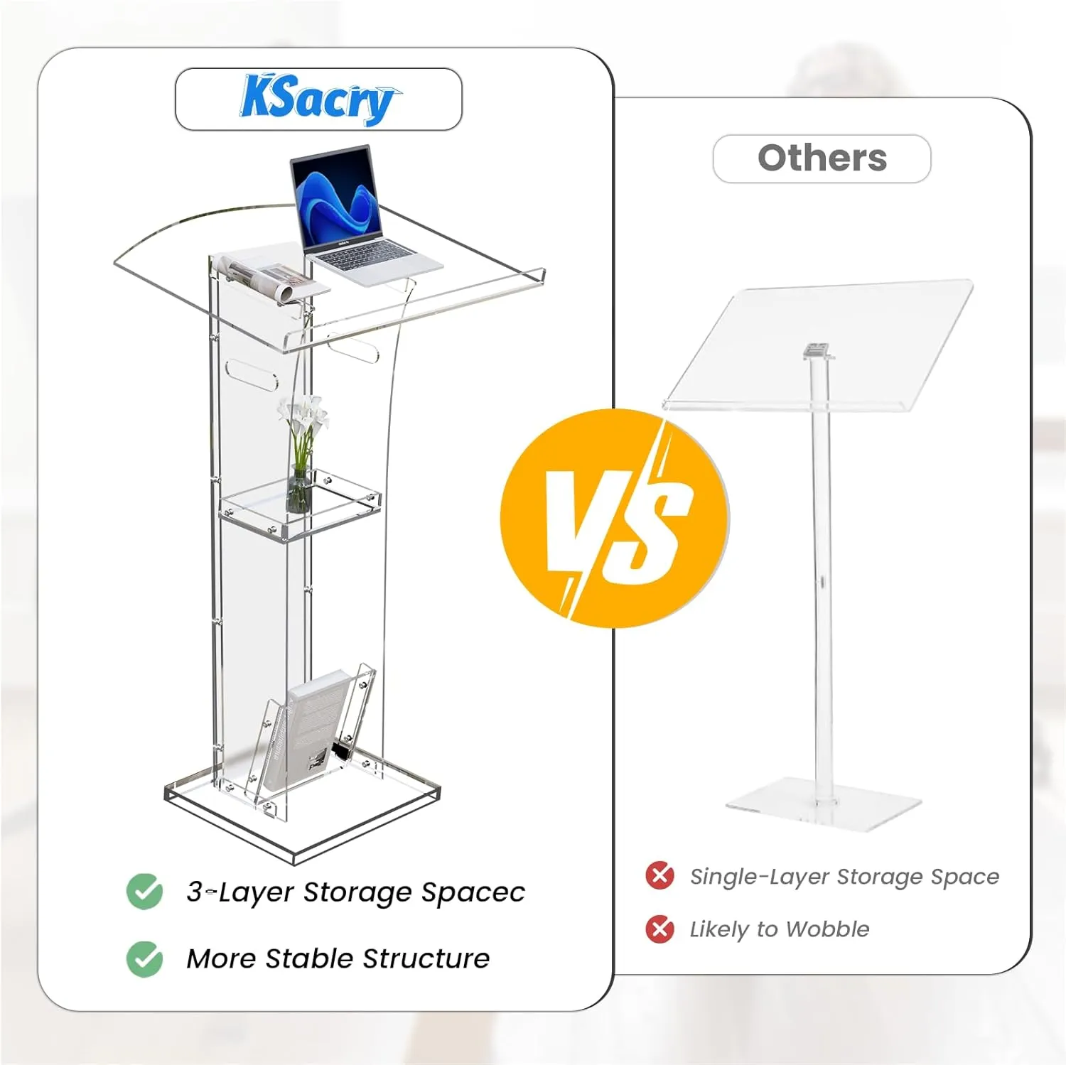 KSacry Acrylic Clear Podium Stand with Storage Shelf,Plexiglass Pulpits for Churches,Conference,Speeches,Weddings,Classroom,Professional Presentation Podiums (23.6" L X 17.7" W X 43" H, Transparent)