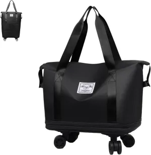 Kulken Travel Bag with Wheels, Large Expandable Foldable Duffel Bag, Waterproof Wet and Dry Separation, Universal Wheel Removable (Black)