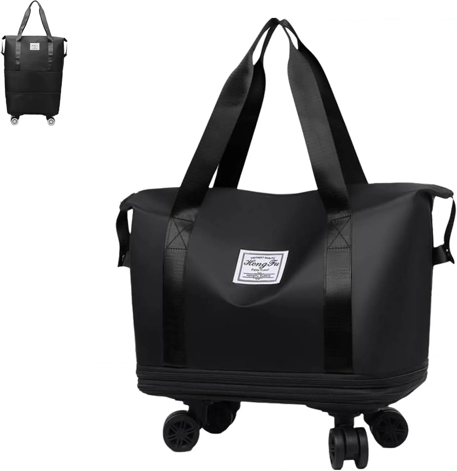 Kulken Travel Bag with Wheels, Large Expandable Foldable Duffel Bag, Waterproof Wet and Dry Separation, Universal Wheel Removable (Black)