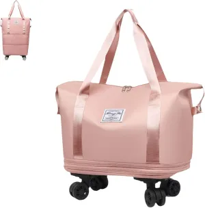 Kulken Travel Bag with Wheels, Large Expandable Foldable Duffel Bag, Waterproof Wet and Dry Separation, Universal Wheel Removable (Pink)