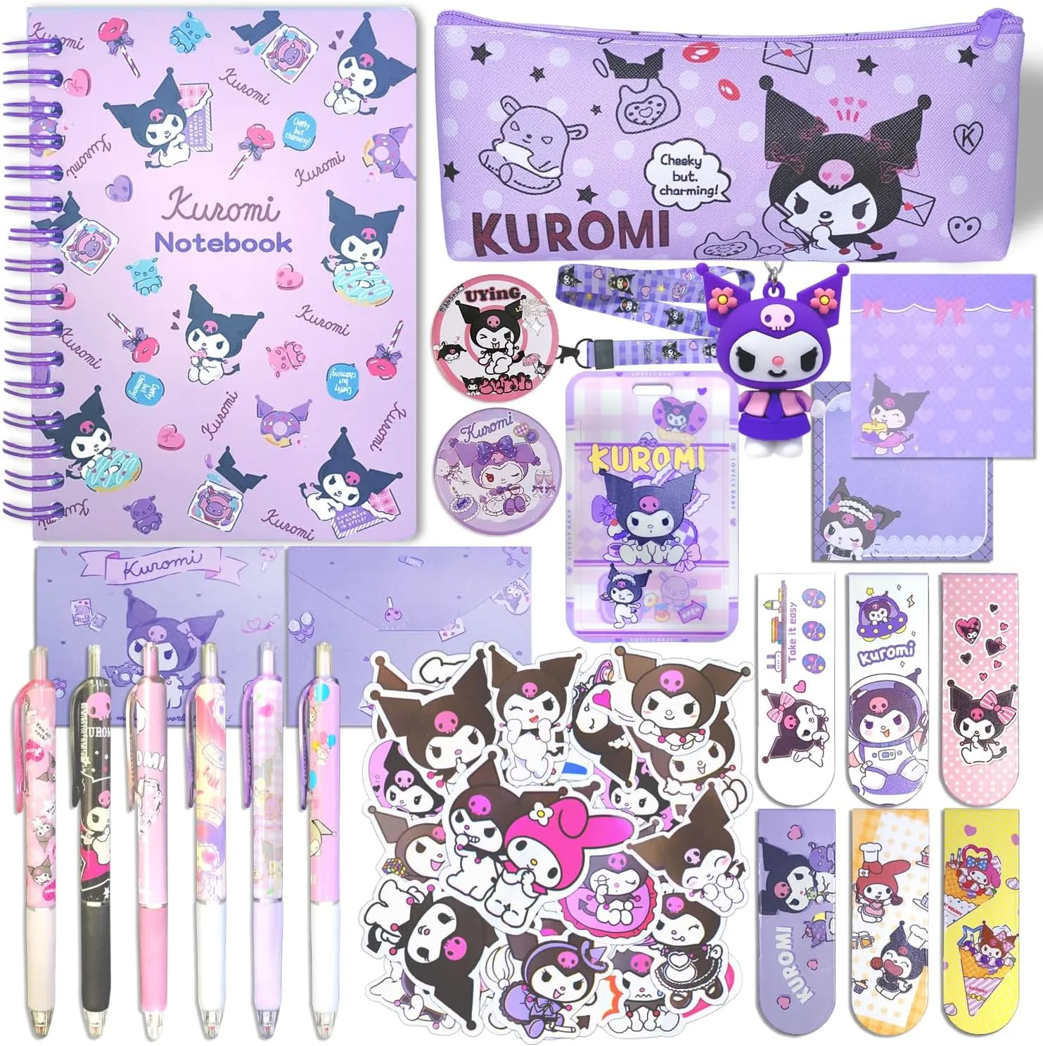 Kuromi School Supplies Set, Kawaii School Supplies Gift Set, Including Cartoon Journal Pencil Case Ballpoint Pen ID Badge Holder Stickers Key Chain Bookmark