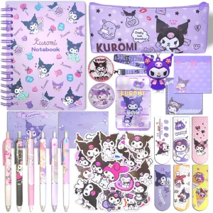 Kuromi School Supplies Set, Kawaii School Supplies Gift Set, Including Cartoon Journal Pencil Case Ballpoint Pen ID Badge Holder Stickers Key Chain Bookmark