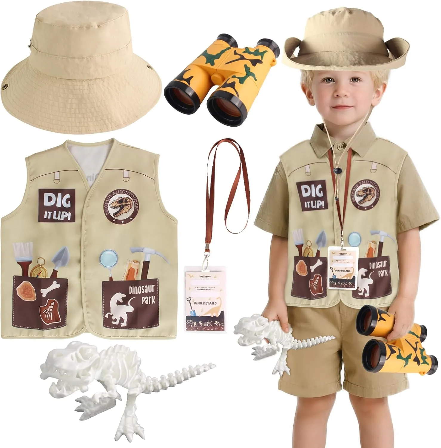 Kyson Dinosaur Paleontologist Costume Explorer Hat Vest Zoo Keeper Outfit Accessories for Dino Jungle Safari Themed Party