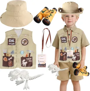 Kyson Dinosaur Paleontologist Costume Explorer Hat Vest Zoo Keeper Outfit Accessories for Dino Jungle Safari Themed Party