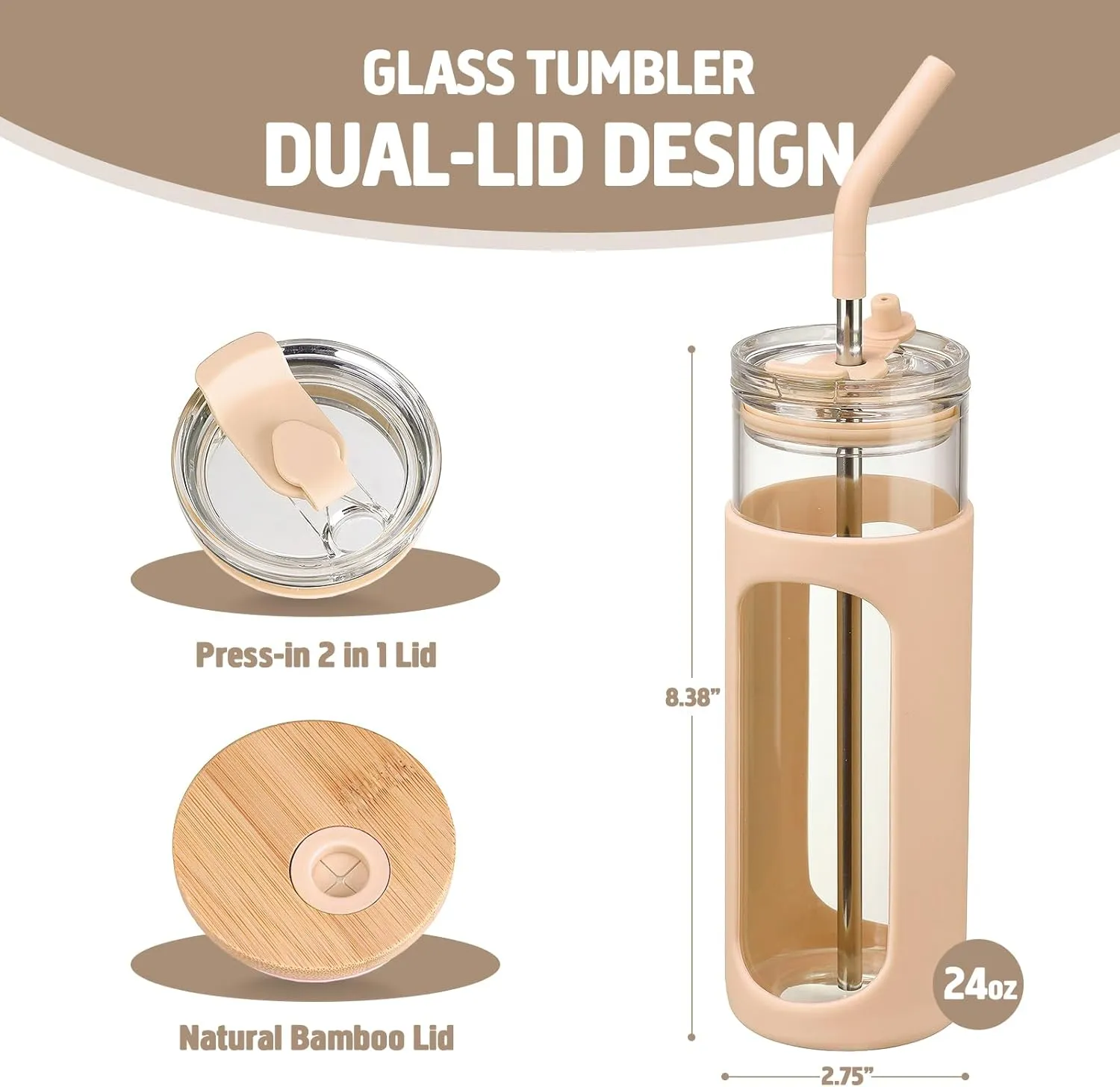 kytffu Glass Cups With Lids and Straws, 24 oz Iced Coffee Cup, Bamboo Lid Smoothie Cup With Silicone Sleeve, Clear Water Tumbler with Straw and Lid, To Go Glass Water Bottles, Amber