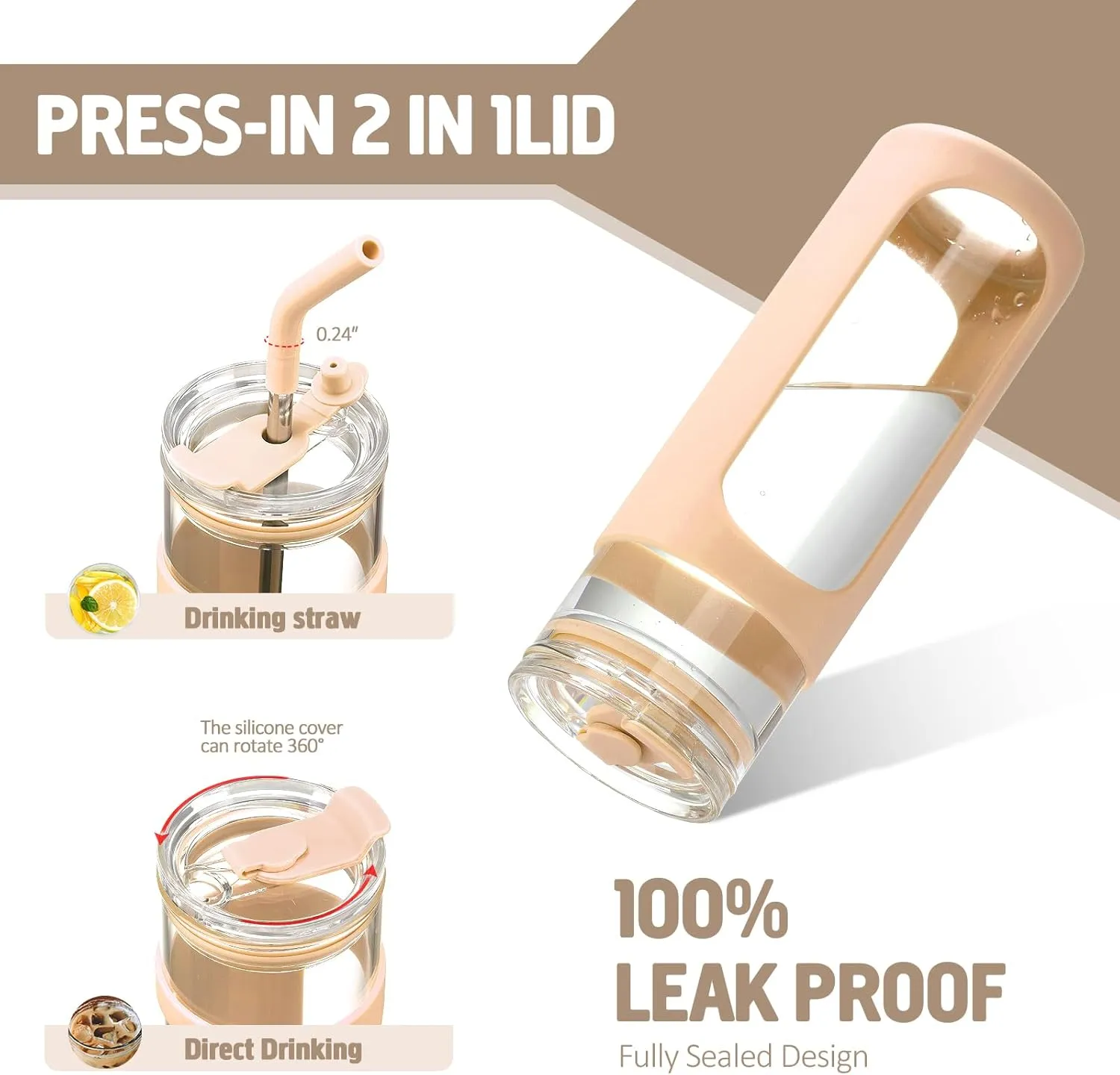 kytffu Glass Cups With Lids and Straws, 24 oz Iced Coffee Cup, Bamboo Lid Smoothie Cup With Silicone Sleeve, Clear Water Tumbler with Straw and Lid, To Go Glass Water Bottles, Amber