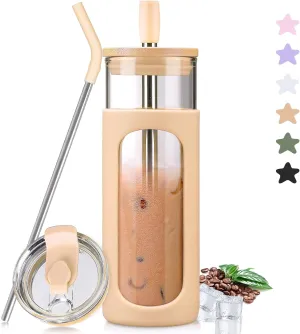 kytffu Glass Cups With Lids and Straws, 24 oz Iced Coffee Cup, Bamboo Lid Smoothie Cup With Silicone Sleeve, Clear Water Tumbler with Straw and Lid, To Go Glass Water Bottles, Amber