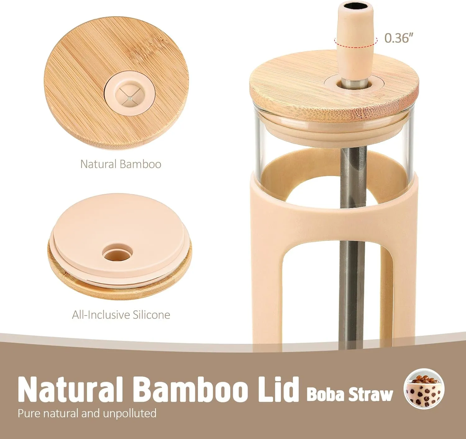 kytffu Glass Cups With Lids and Straws, 24 oz Iced Coffee Cup, Bamboo Lid Smoothie Cup With Silicone Sleeve, Clear Water Tumbler with Straw and Lid, To Go Glass Water Bottles, Amber