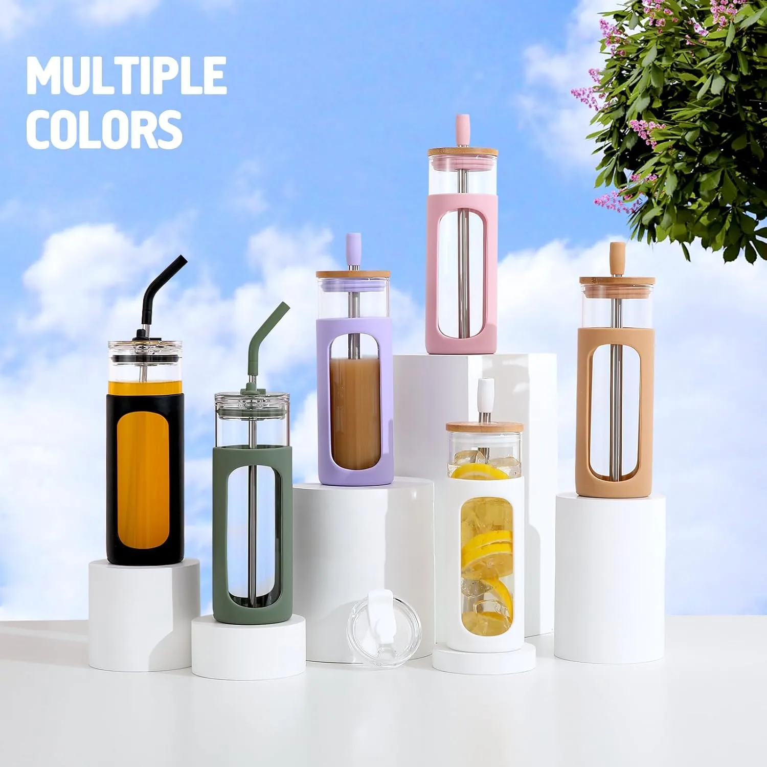 kytffu Glass Cups With Lids and Straws, 24 oz Iced Coffee Cup, Bamboo Lid Smoothie Cup With Silicone Sleeve, Clear Water Tumbler with Straw and Lid, To Go Glass Water Bottles, Amber