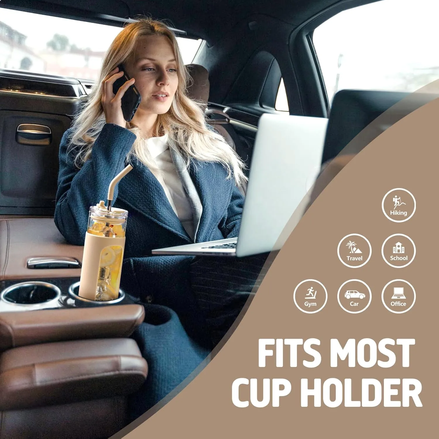 kytffu Glass Cups With Lids and Straws, 24 oz Iced Coffee Cup, Bamboo Lid Smoothie Cup With Silicone Sleeve, Clear Water Tumbler with Straw and Lid, To Go Glass Water Bottles, Amber