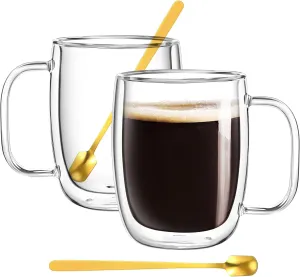 Large 16oz Double Walled Glass Coffee Mugs with Handle and Spoon, Clear Insulated Coffee Cups for Cappuccino, Tea, Latte, Espresso, Hot Beverages, Cold Drinks, Heat Resistant, Borosilicate, Set of 2
