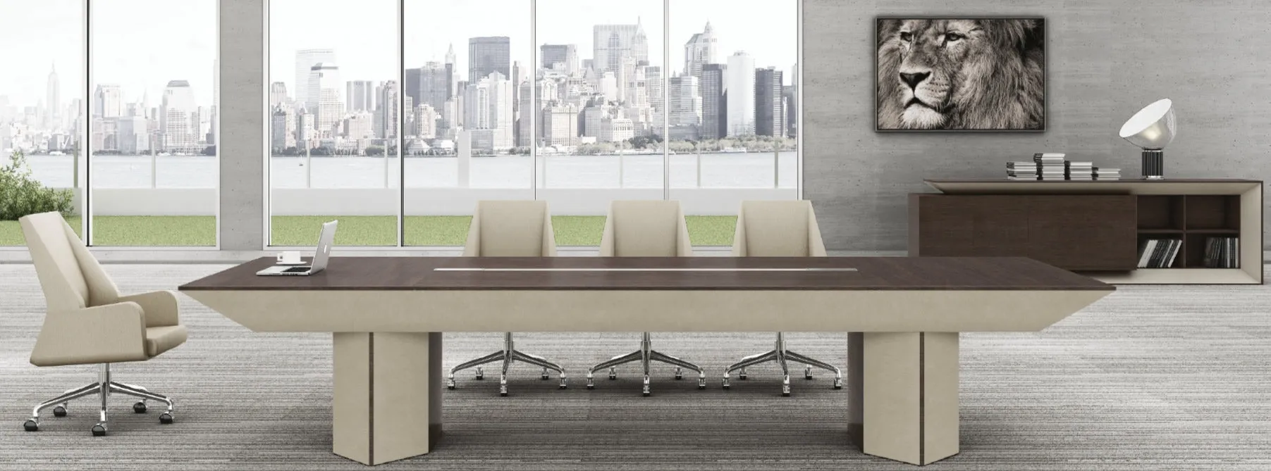 Large Boardroom Table in Chocolate Walnut and Ivory Leather - All Sizes from 3000mm to 5000mm Available