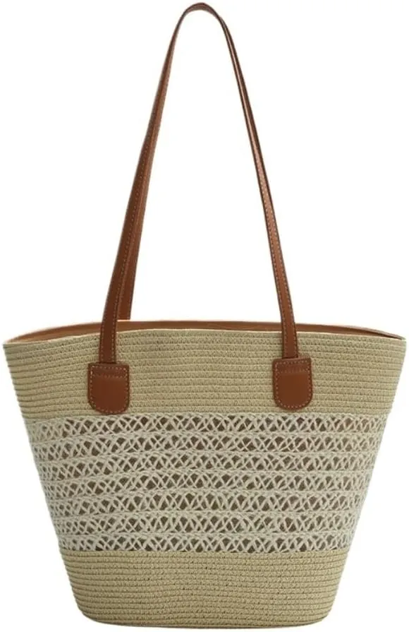 Large capacity Bag Casual Large - capacity Straw Handbag with Leather Handle: Ideal Travel Companion Ladies shoulder Bag