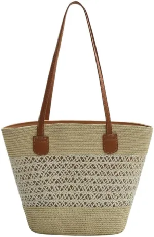 Large capacity Bag Casual Large - capacity Straw Handbag with Leather Handle: Ideal Travel Companion Ladies shoulder Bag