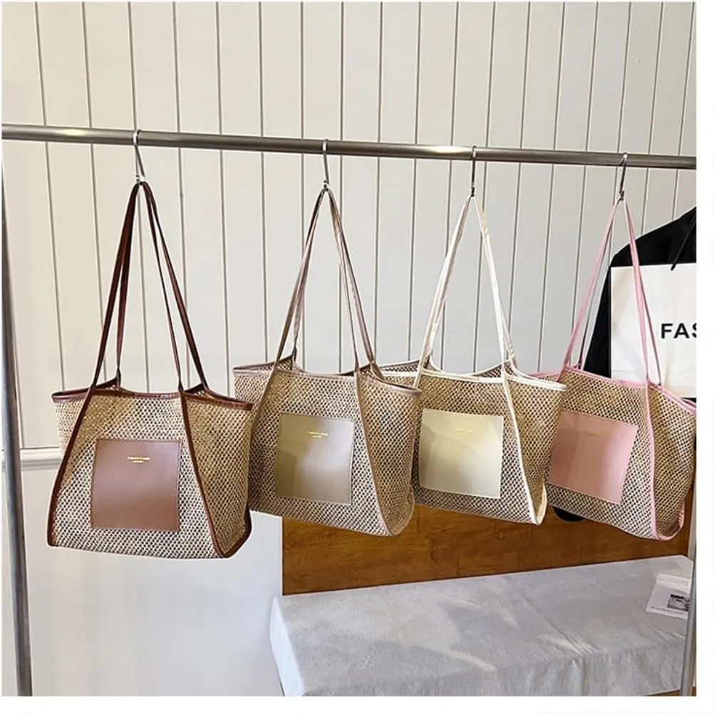 Large capacity Bag Stylish Straw Handbag with Leather Patches: Deduce Casual Style Ladies shoulder Bag(Beige)