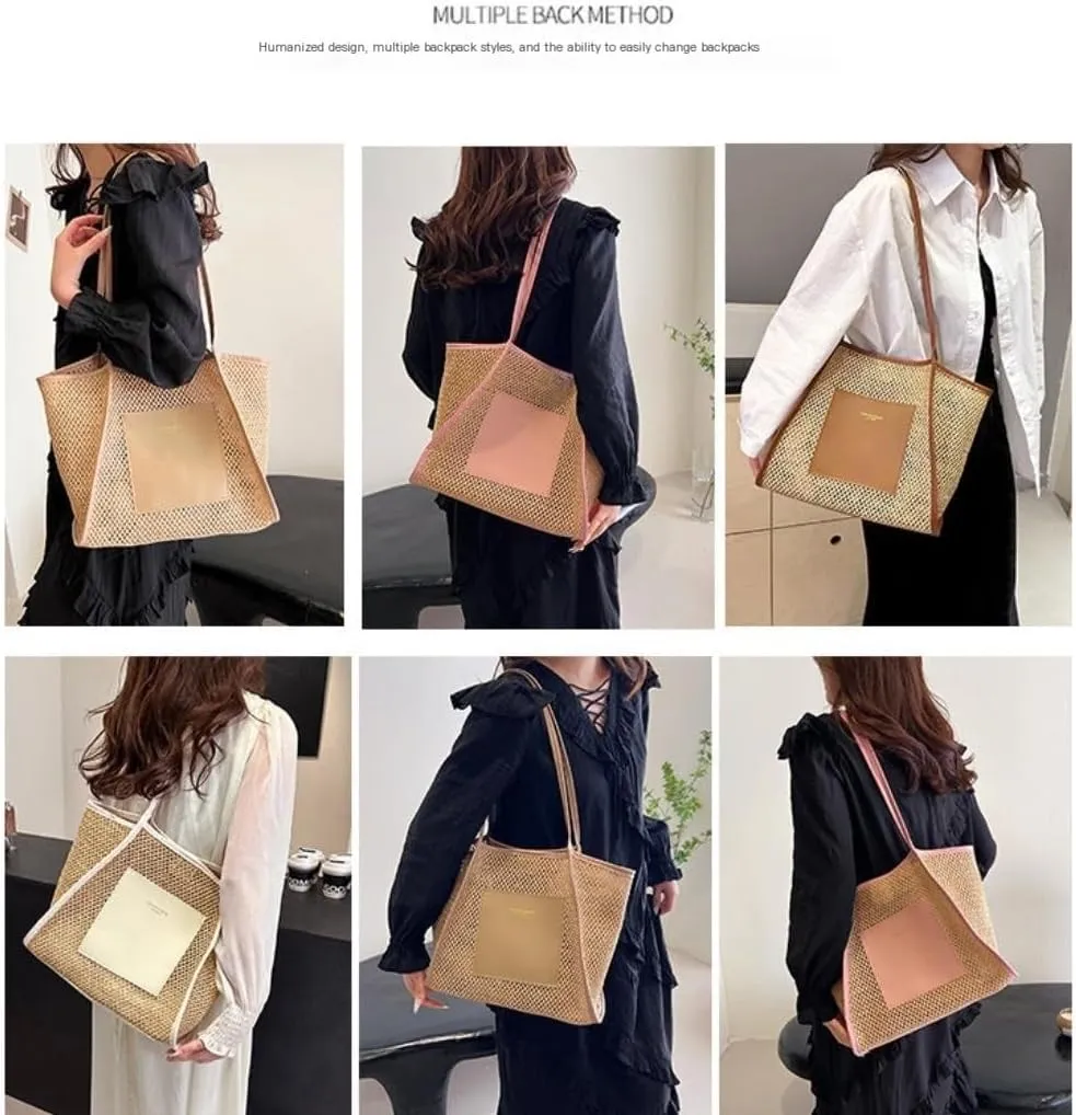Large capacity Bag Stylish Straw Handbag with Leather Patches: Deduce Casual Style Ladies shoulder Bag(Beige)