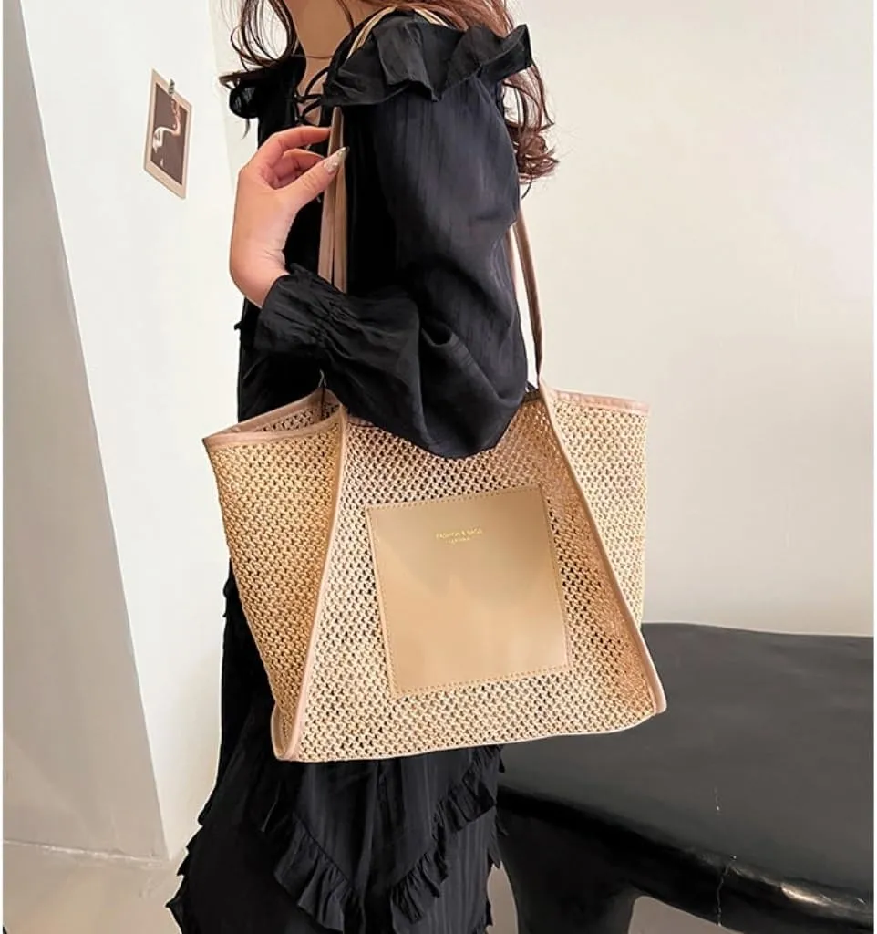 Large capacity Bag Stylish Straw Handbag with Leather Patches: Deduce Casual Style Ladies shoulder Bag(Beige)