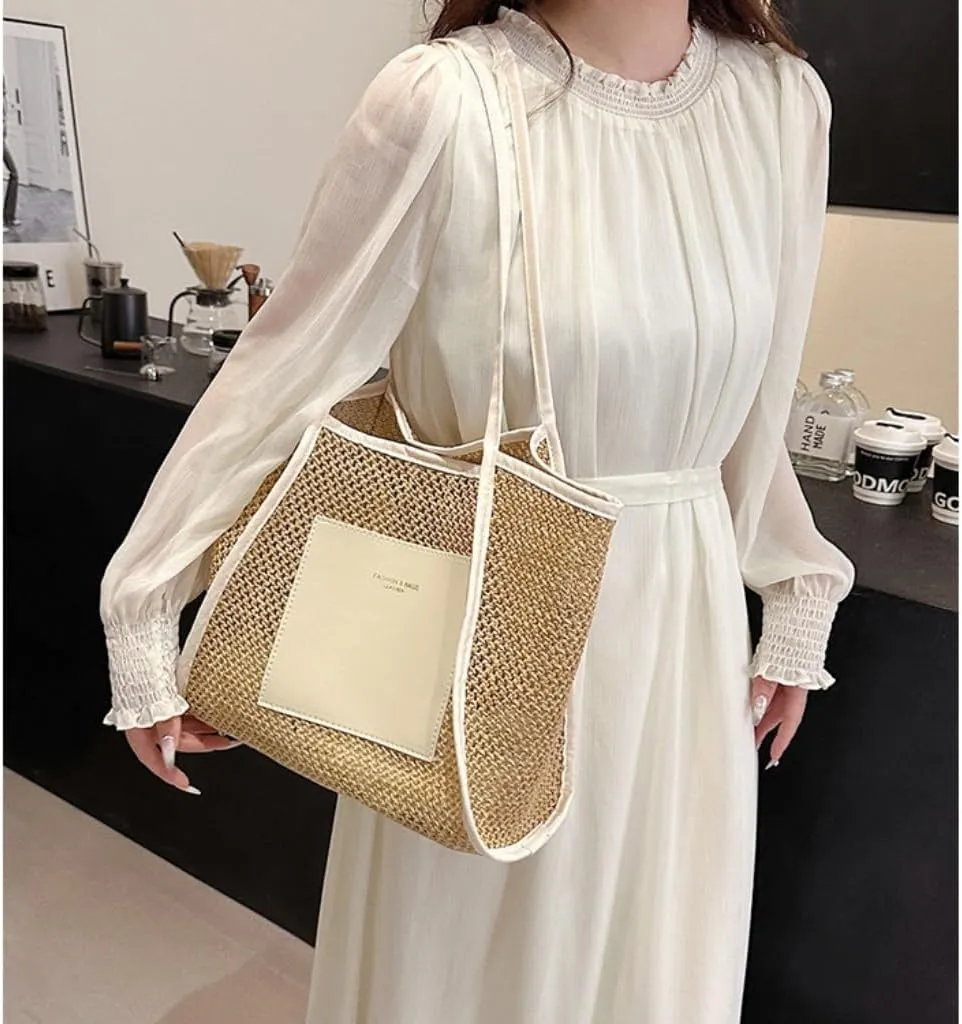 Large capacity Bag Stylish Straw Handbag with Leather Patches: Deduce Casual Style Ladies shoulder Bag(Beige)