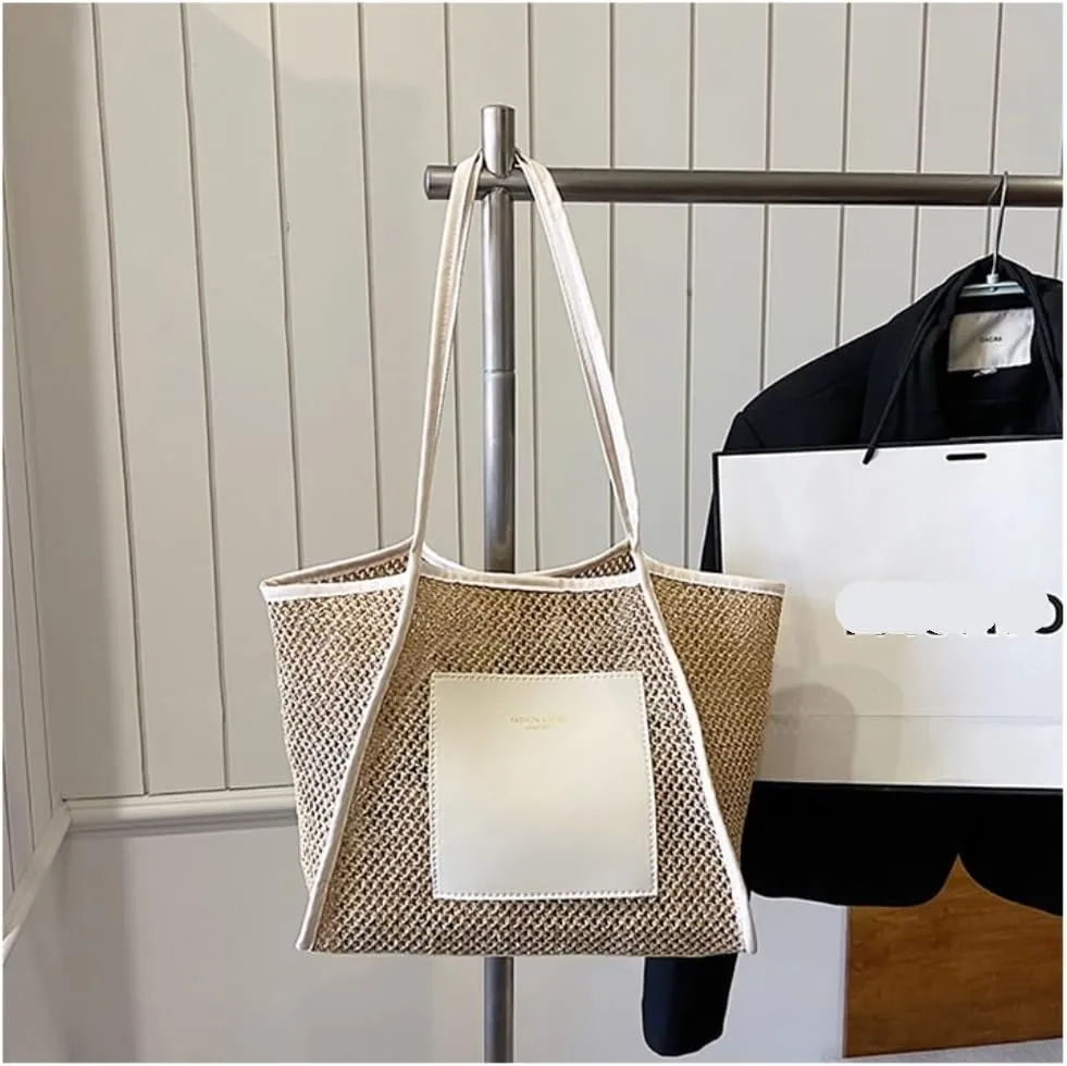 Large capacity Bag Stylish Straw Handbag with Leather Patches: Deduce Casual Style Ladies shoulder Bag(Beige)