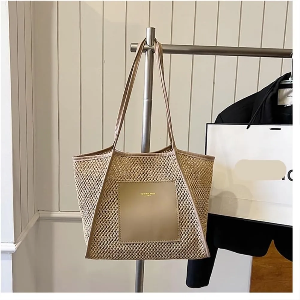 Large capacity Bag Stylish Straw Handbag with Leather Patches: Deduce Casual Style Ladies shoulder Bag(Beige)