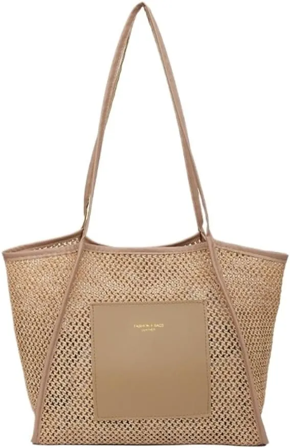 Large capacity Bag Stylish Straw Handbag with Leather Patches: Deduce Casual Style Ladies shoulder Bag(Beige)