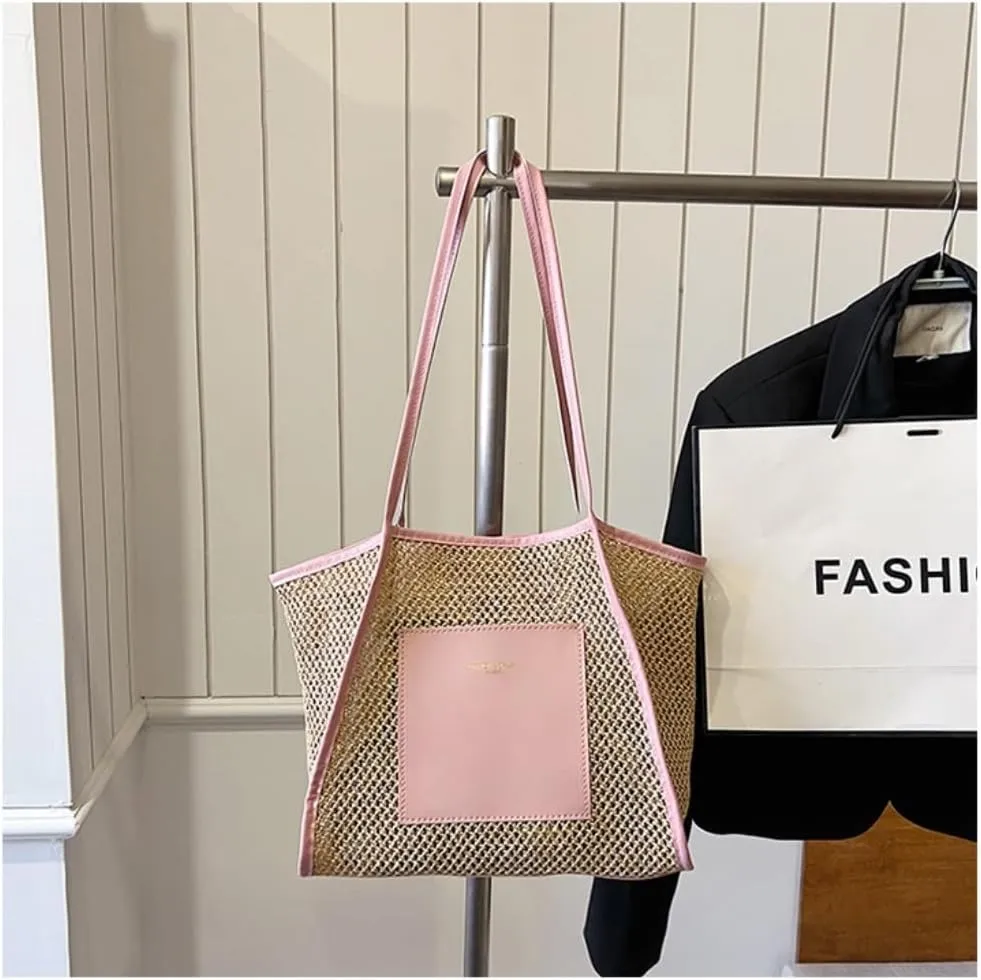 Large capacity Bag Stylish Straw Handbag with Leather Patches: Deduce Casual Style Ladies shoulder Bag(Beige)