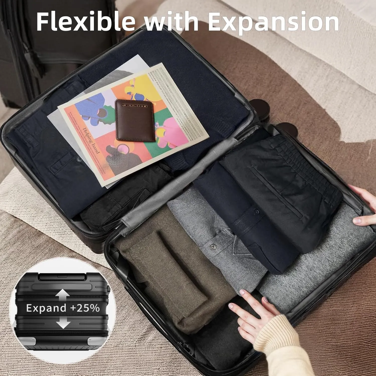 LARVENDER Expandable Carry On Luggage Sets 22x14x9 Airline Approved 20inch ABS PC Hardshell Suitcase with Front Pocket, TSA Lock, Lightweight Luggage for Men & Women, Black