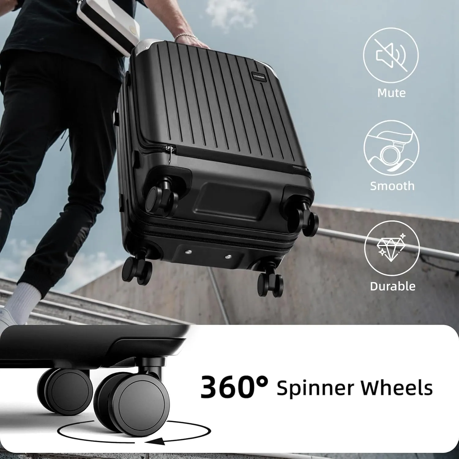 LARVENDER Expandable Carry On Luggage Sets 22x14x9 Airline Approved 20inch ABS PC Hardshell Suitcase with Front Pocket, TSA Lock, Lightweight Luggage for Men & Women, Black