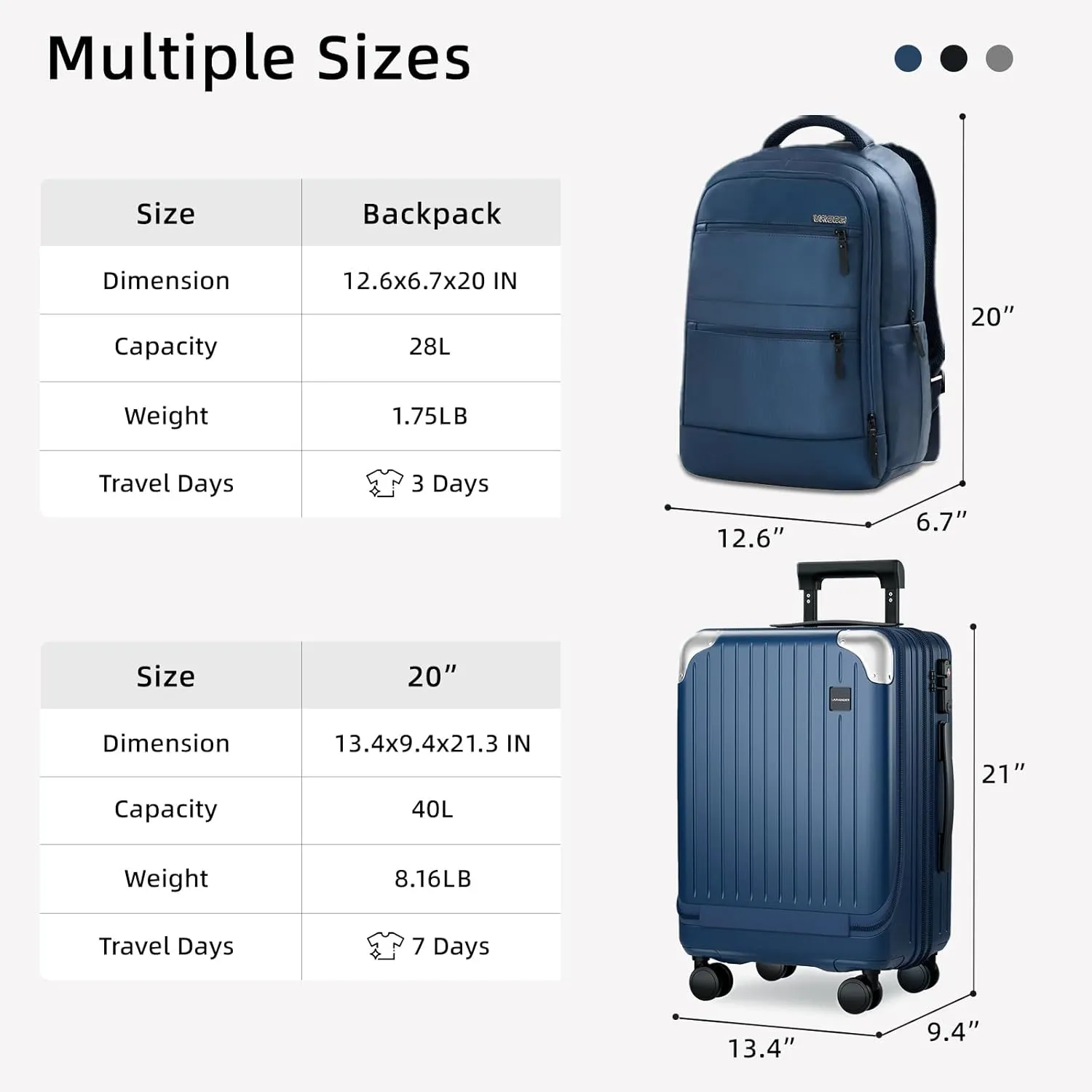 LARVENDER Expandable Carry On Luggage Sets 22x14x9 Airline Approved 20inch ABS PC Hardshell Suitcase with Front Pocket, TSA Lock, Lightweight Luggage for Men & Women, Blue