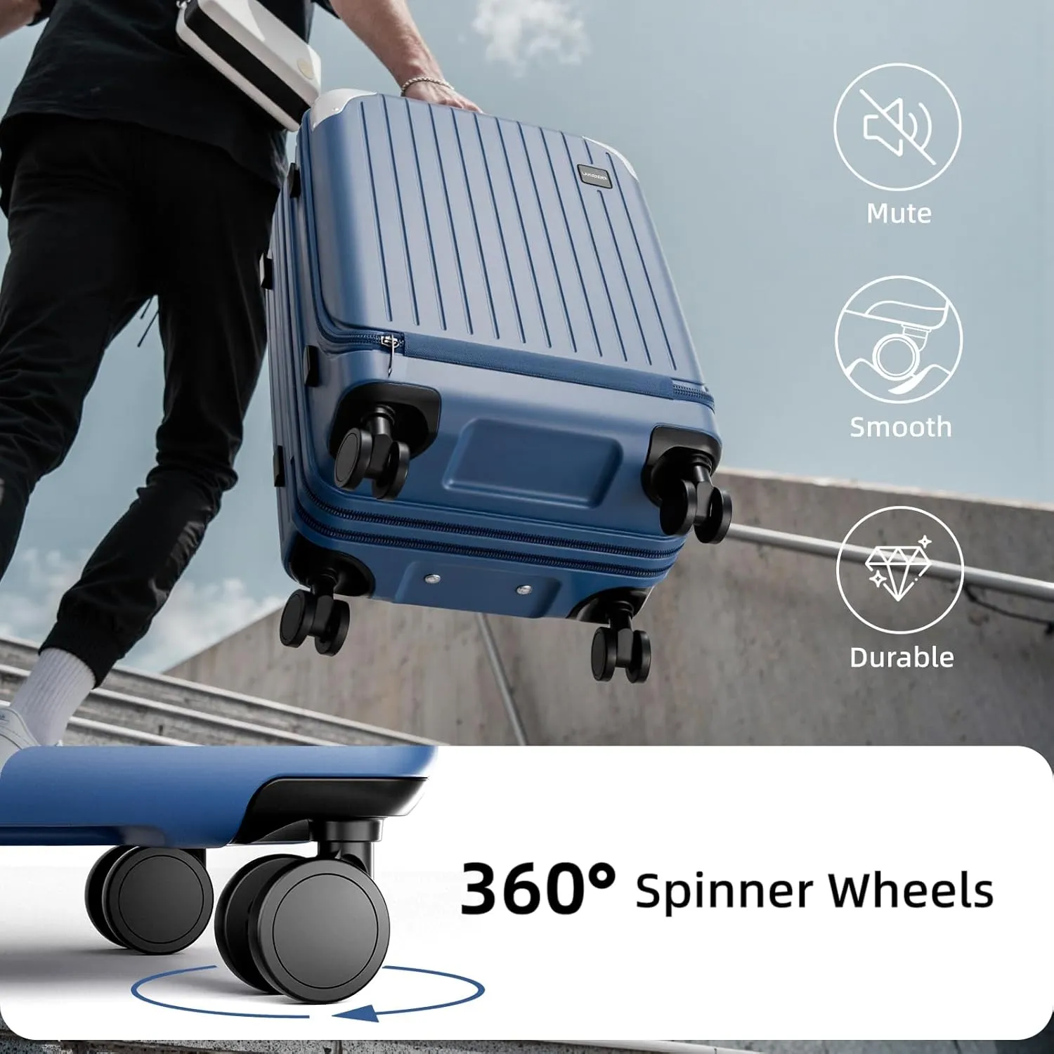 LARVENDER Expandable Carry On Luggage Sets 22x14x9 Airline Approved 20inch ABS PC Hardshell Suitcase with Front Pocket, TSA Lock, Lightweight Luggage for Men & Women, Blue