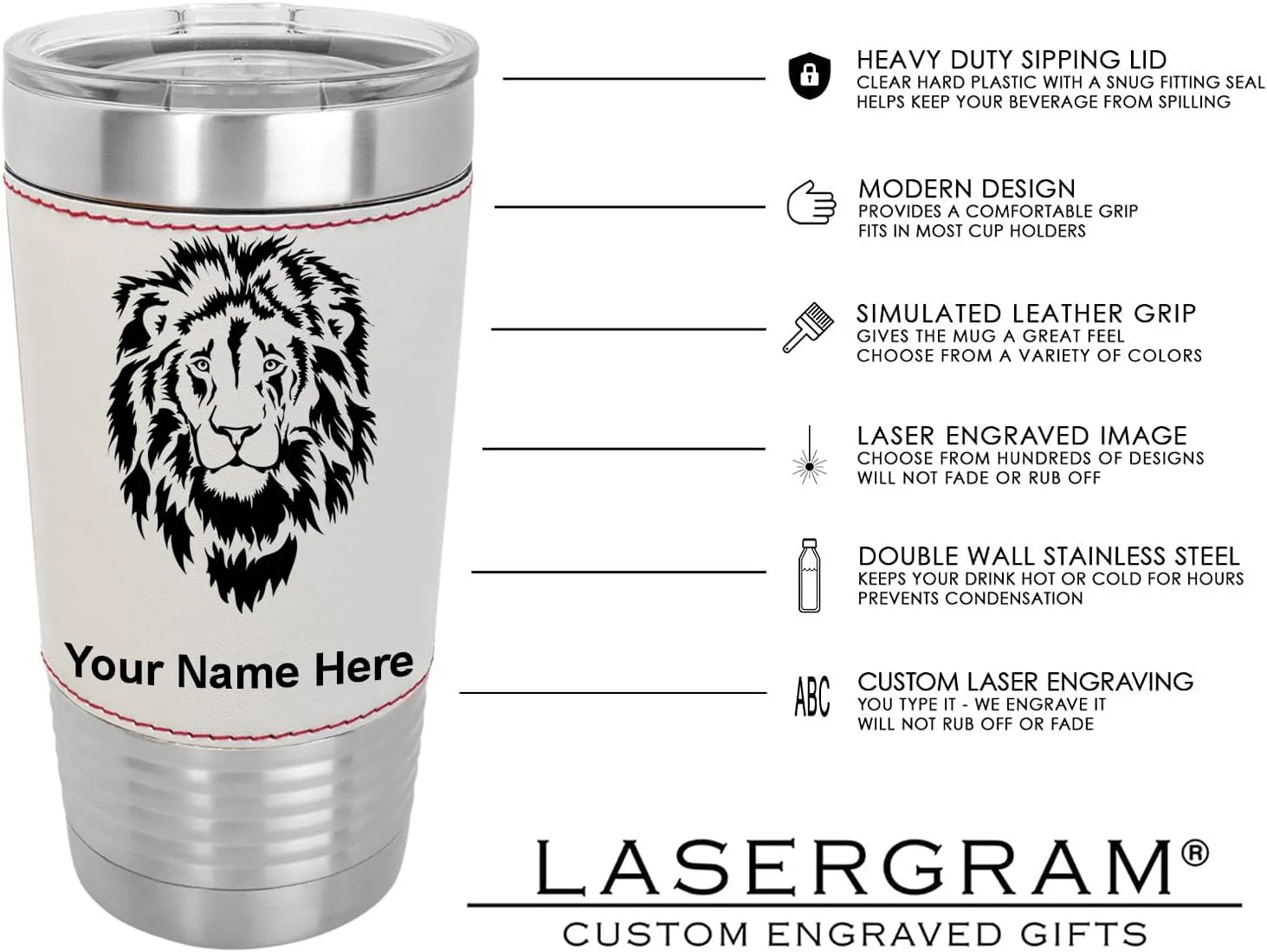 LaserGram 20oz Vacuum Insulated Tumbler Mug, Motorcycle, Personalized Engraving Included (Faux Leather, Baseball Style)