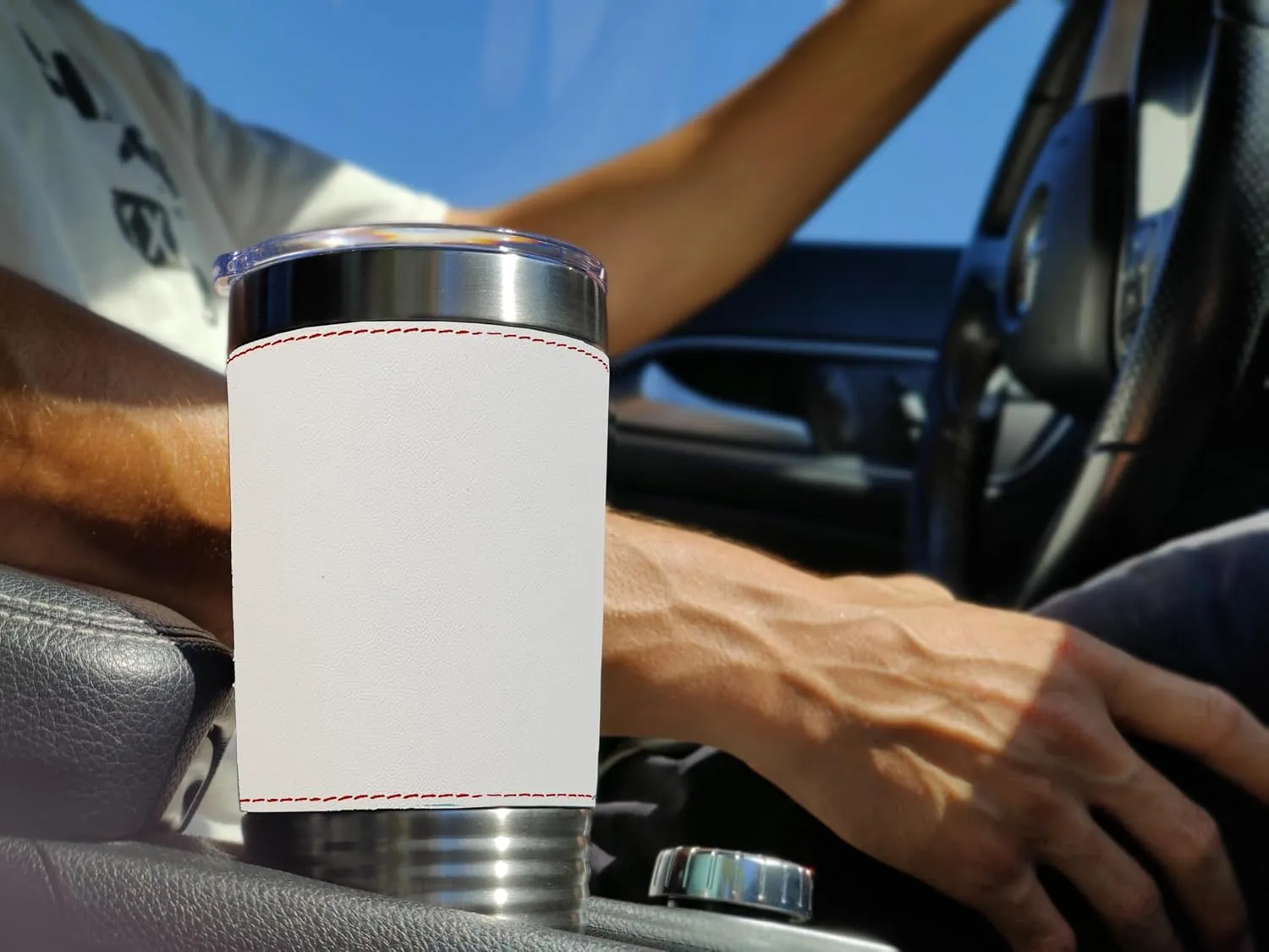 LaserGram 20oz Vacuum Insulated Tumbler Mug, Motorcycle, Personalized Engraving Included (Faux Leather, Baseball Style)