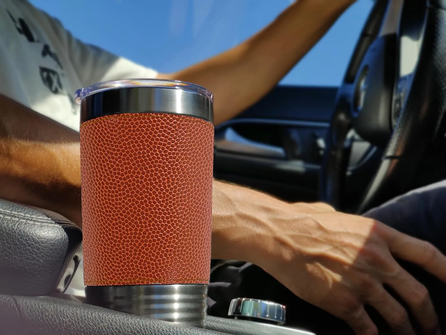 LaserGram 20oz Vacuum Insulated Tumbler Mug, Motorcycle, Personalized Engraving Included (Faux Leather, Basketball Style)